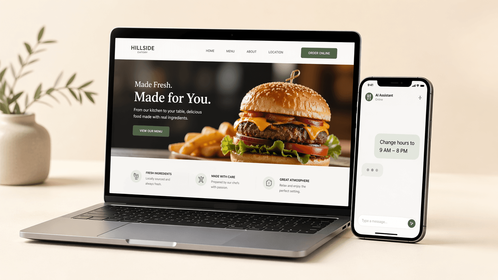 Laptop showing a website with a chat overlay reading 'Change hours to 9 AM – 8 PM'