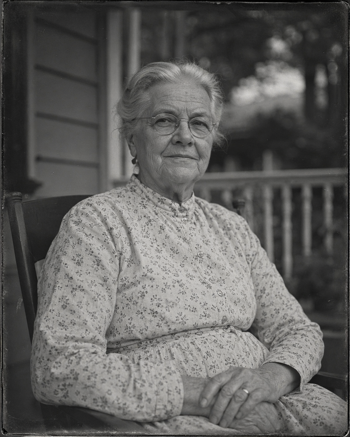 Portrait of Mildred Pemberton on the porch of 412 Chase Street, circa 1952.